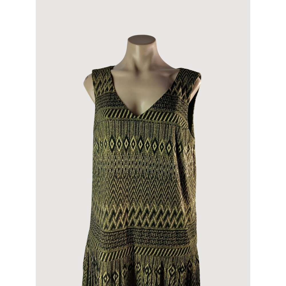 London Times Black Gold V Neck Sleeveless Pleated Dress Size 14 LBD Gatsby Deco - Picture 2 of 13